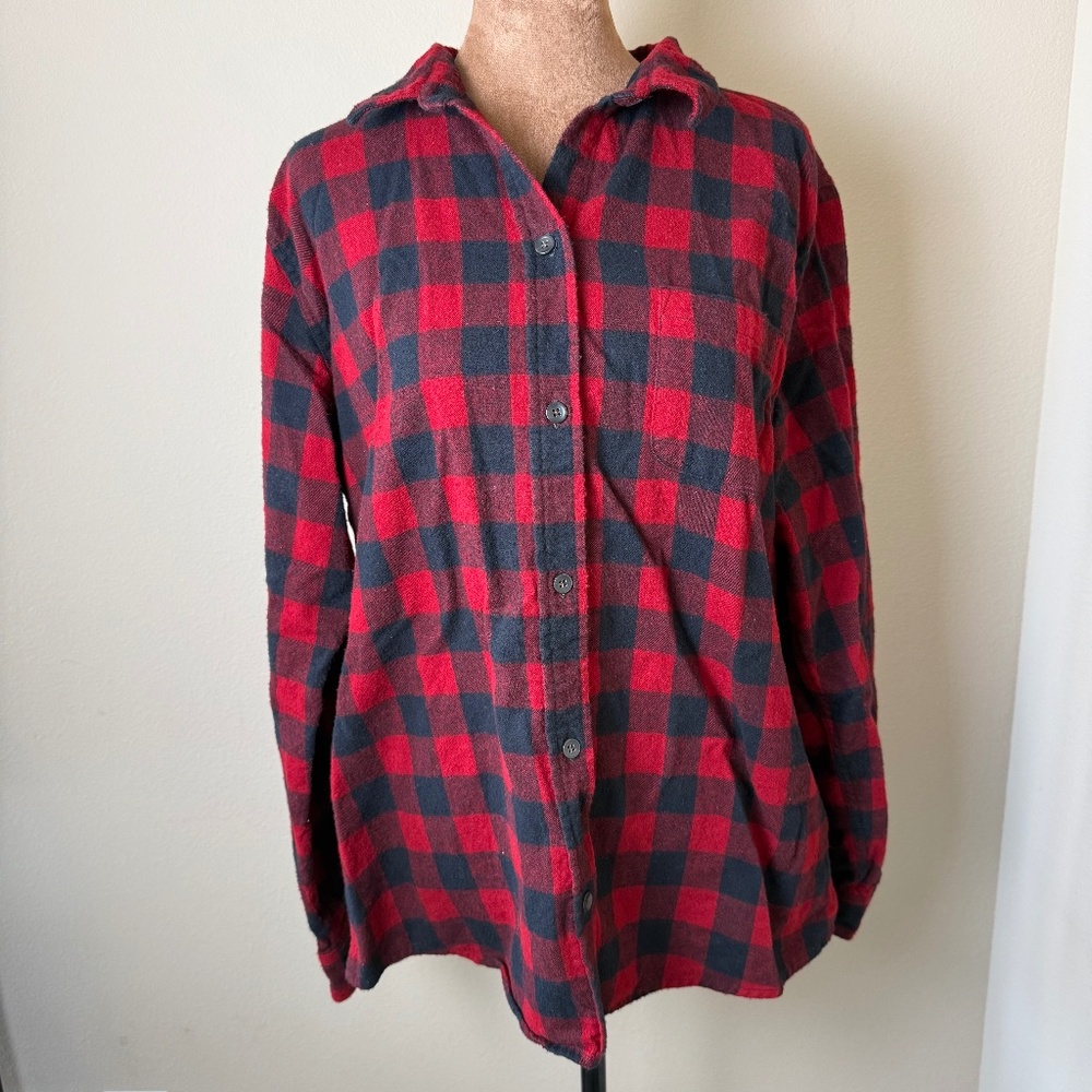 LL Bean Scotch Plaid Flannel Shirt Womens Large Reg Red Black Relaxed Fit Top